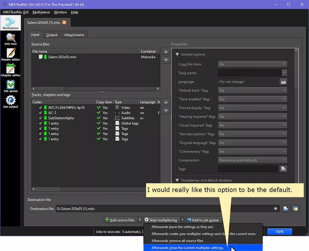 Use desktop software (such as MKVToolNix GUI)