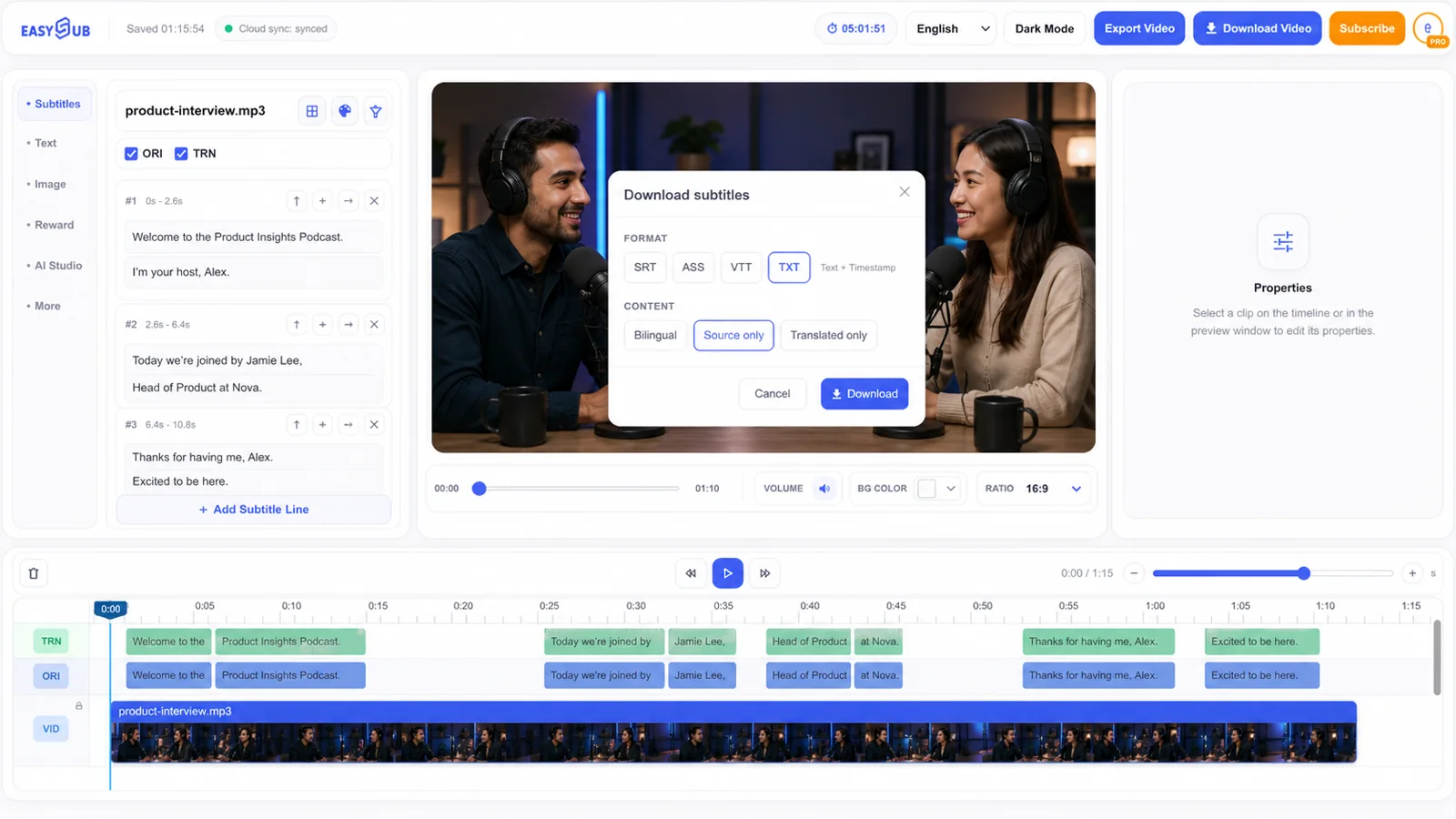Ruang kerja Ucapan ke Teks EasySub AI dengan transkrip podcast dan TXT dipilih untuk dimuat turun