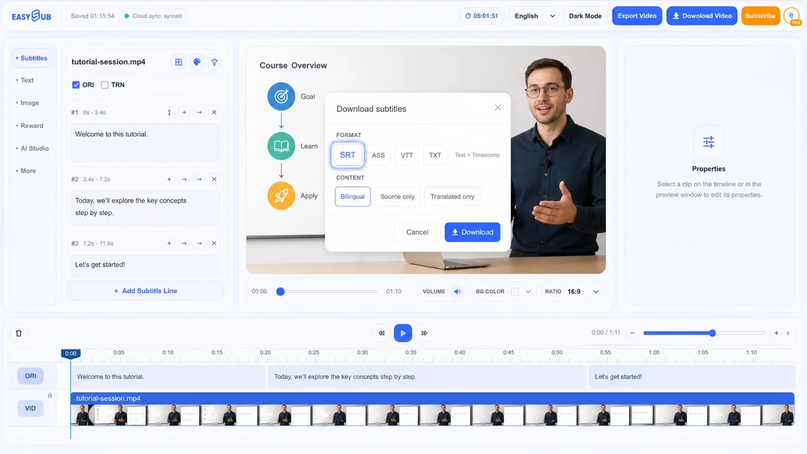 Editor EasySub AI SRT Generator con SRT selezionato nella finestra di dialogo di download dei sottotitoli