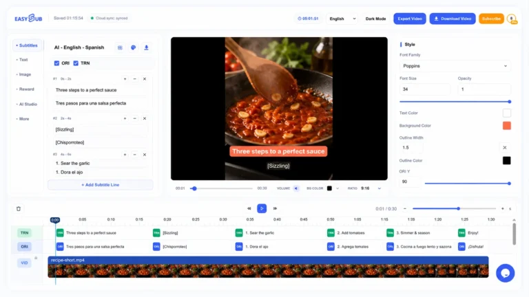 Edytor EasySub Auto Caption Generator z pionowym filmem o gotowaniu, dwujęzycznymi napisami i prawdziwymi elementami sterującymi stylem