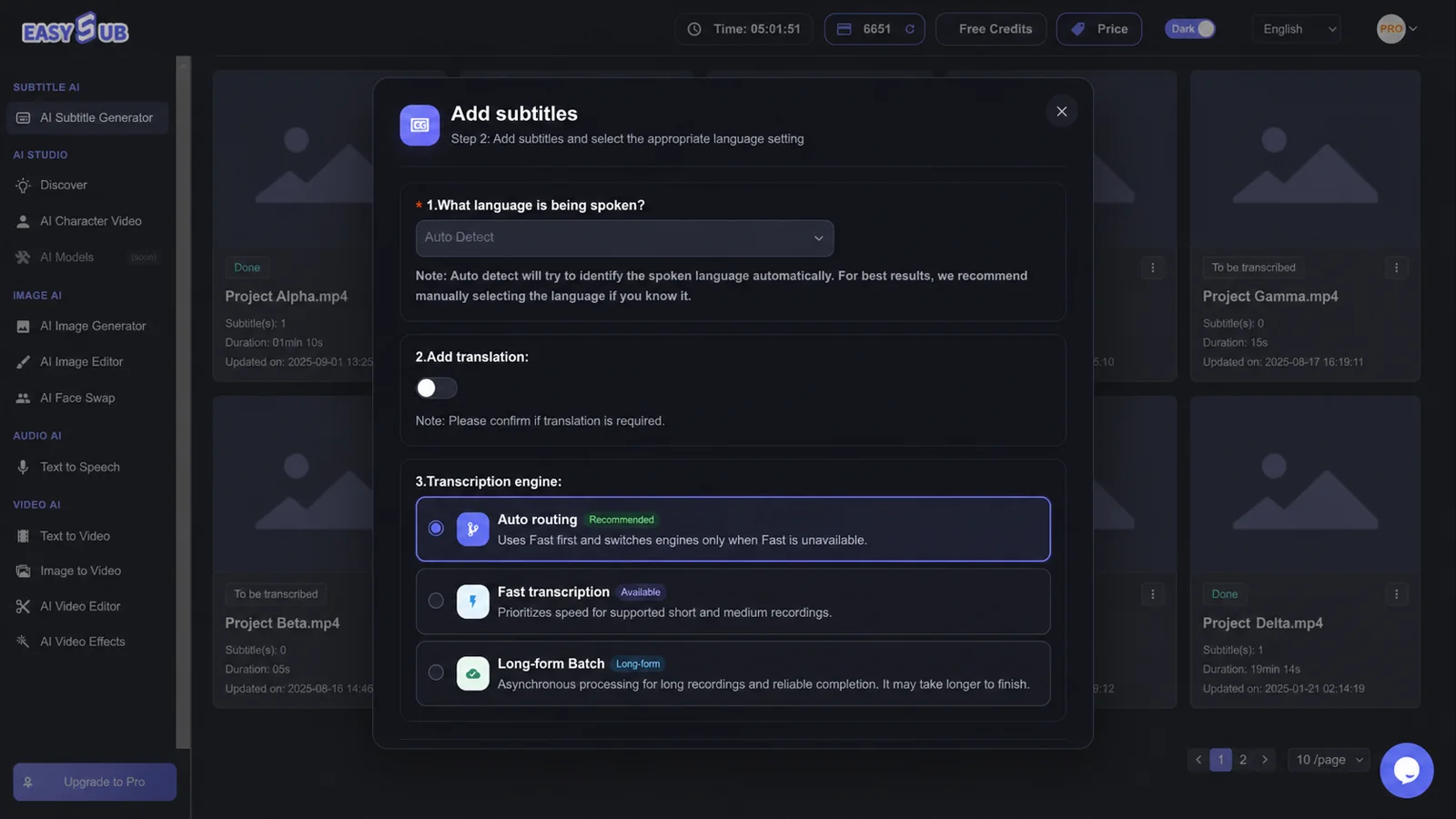 Tetapan transkripsi pertuturan EasySub dengan pilihan bahasa sumber dan enjin transkripsi