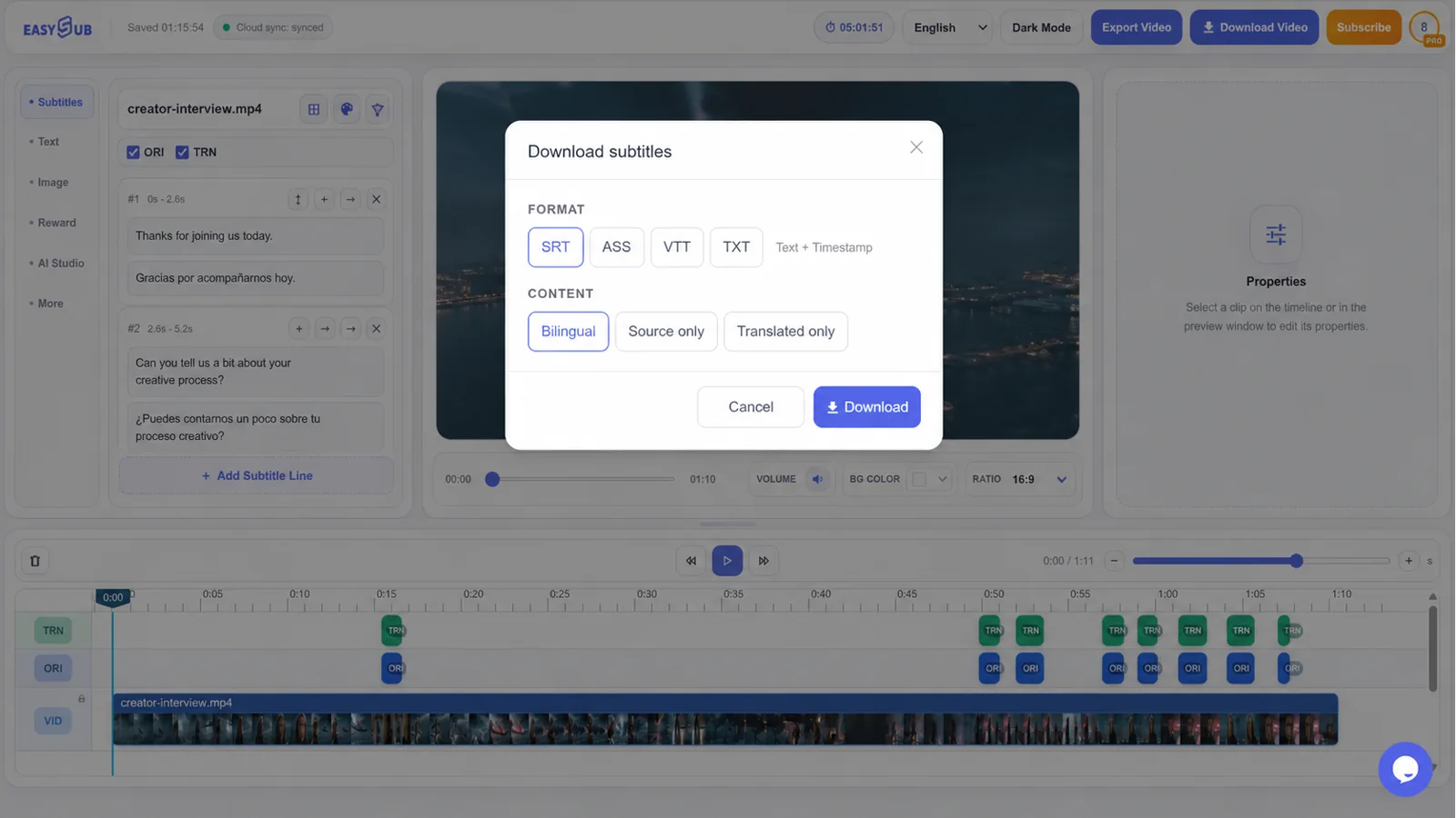 Editor EasySub dan dialog muat turun untuk mengeksport fail transkrip atau sari kata yang telah disemak