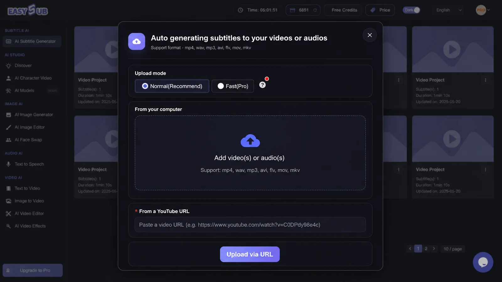 Dialog muat naik projek EasySub untuk transkripsi pertuturan-ke-teks daripada video atau audio
