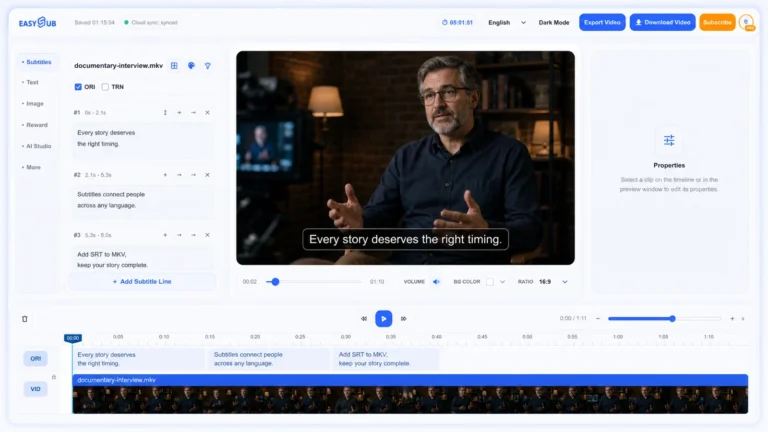 EasySub editor with an MKV documentary video and an aligned editable SRT subtitle track