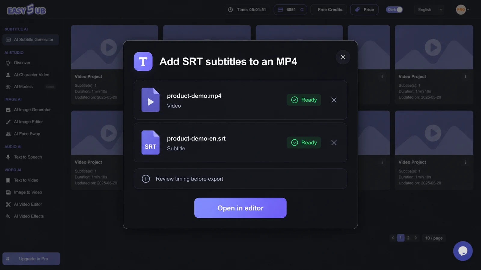 EasySub-Setup-Dialog mit Anzeige eines fertigen MP4-Videos und der passenden SRT-Untertiteldatei