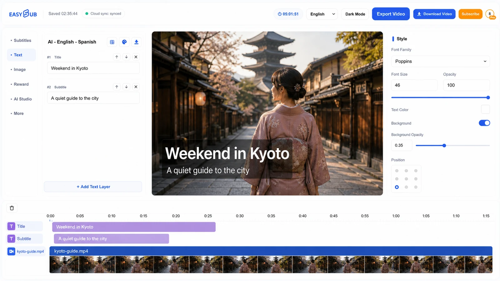 EasySub düzenleyicisi, Kyoto seyahat videosuna başlık ve alt başlık metin katmanı ekliyor.
