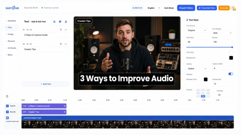 EasySub text editor adding a chapter title and creator label to an imported video