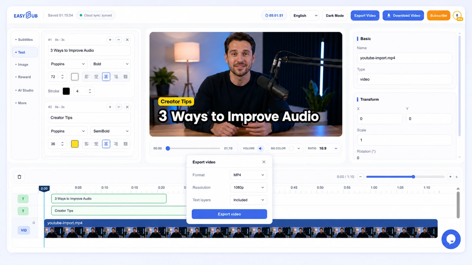 EasySub export dialog preparing a 1080p MP4 with creator text layers included