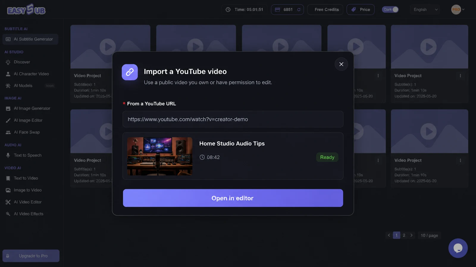 EasySub import dialog with an authorized public video URL and a ready video preview
