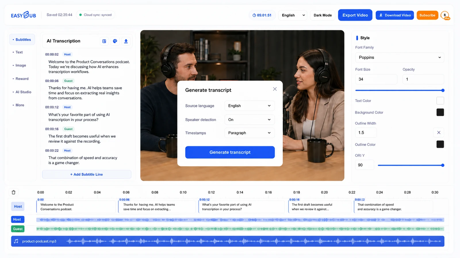 EasySub: Dialog zur Transkription mit englischer Sprache generieren, Sprechererkennung und Absatzzeitstempel auswählen