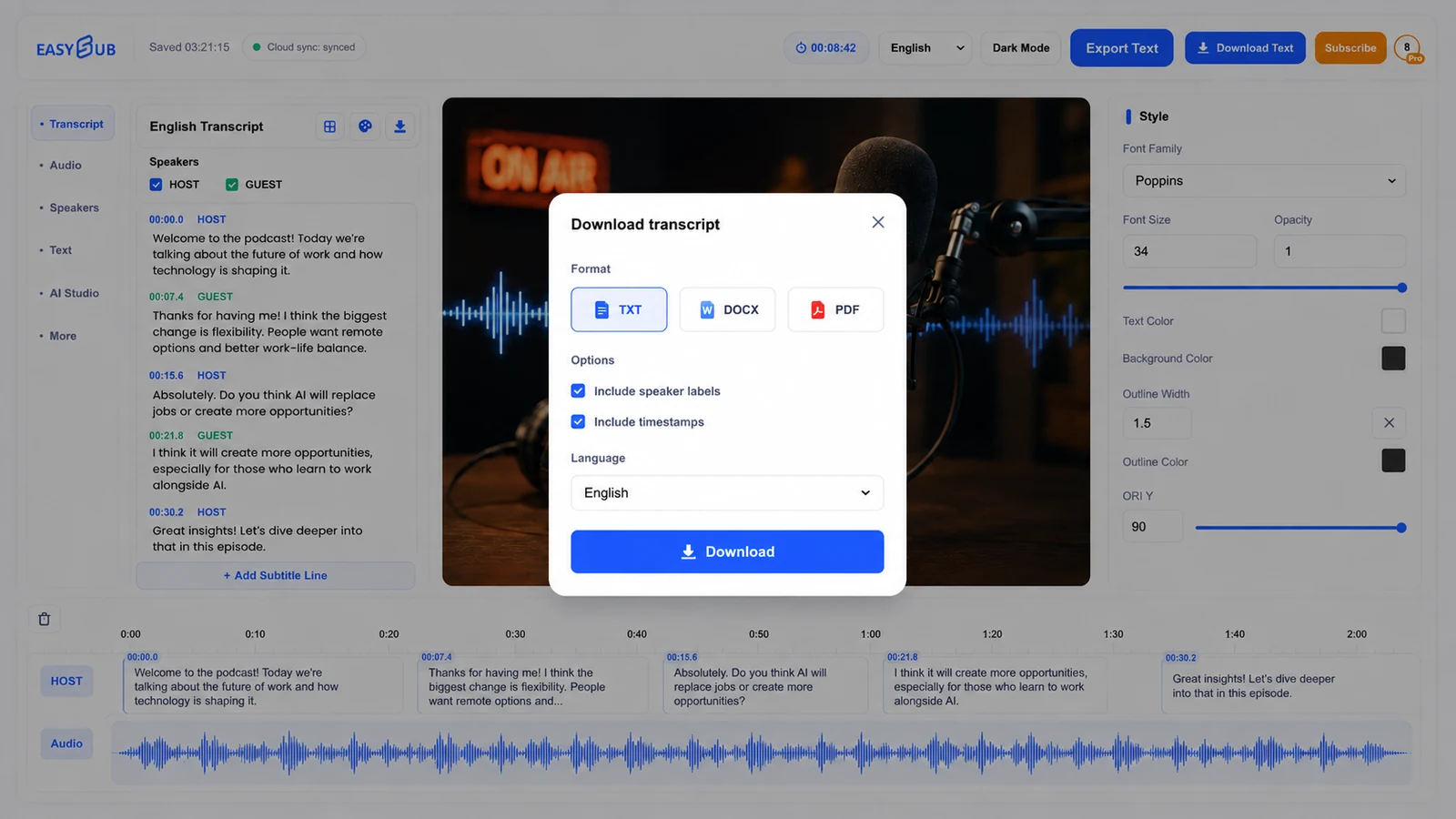 EasySub: Baixe transcrições de diálogos de podcasts exportando áudio como TXT com identificação dos falantes e marcações de tempo.