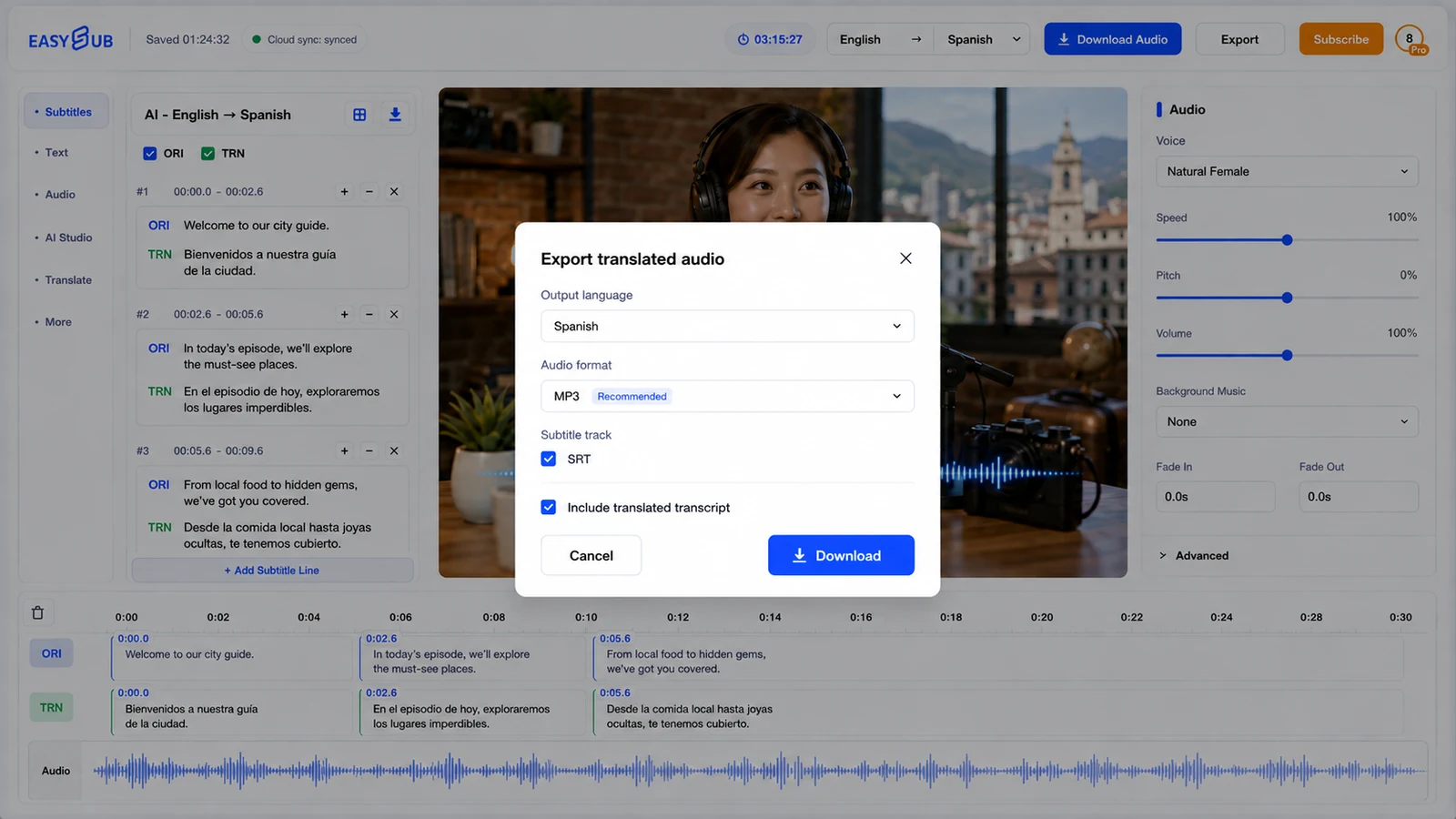 EasySub Export translated audio dialog downloading Spanish MP3 audio, SRT subtitles and a translated transcript