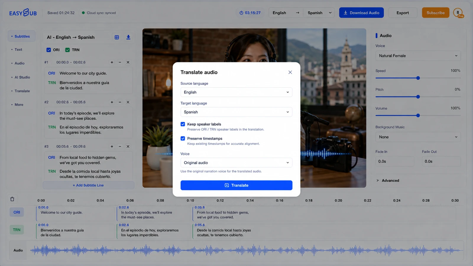 EasySub Translate audio dialog with English source, Spanish target, speaker labels and timestamps preserved