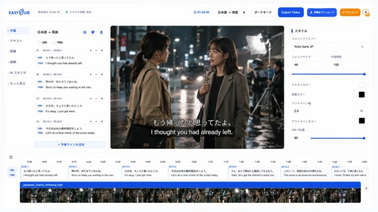 EasySub AV Subtitle Generator with an authorized Japanese drama rehearsal, English translation and long bilingual timeline