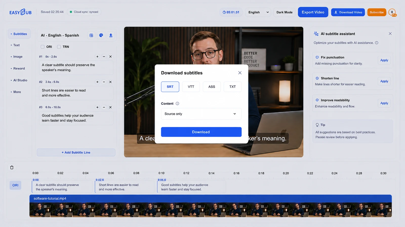EasySub : Téléchargez les sous-titres des dialogues en exportant les légendes des tutoriels révisées au format SRT.