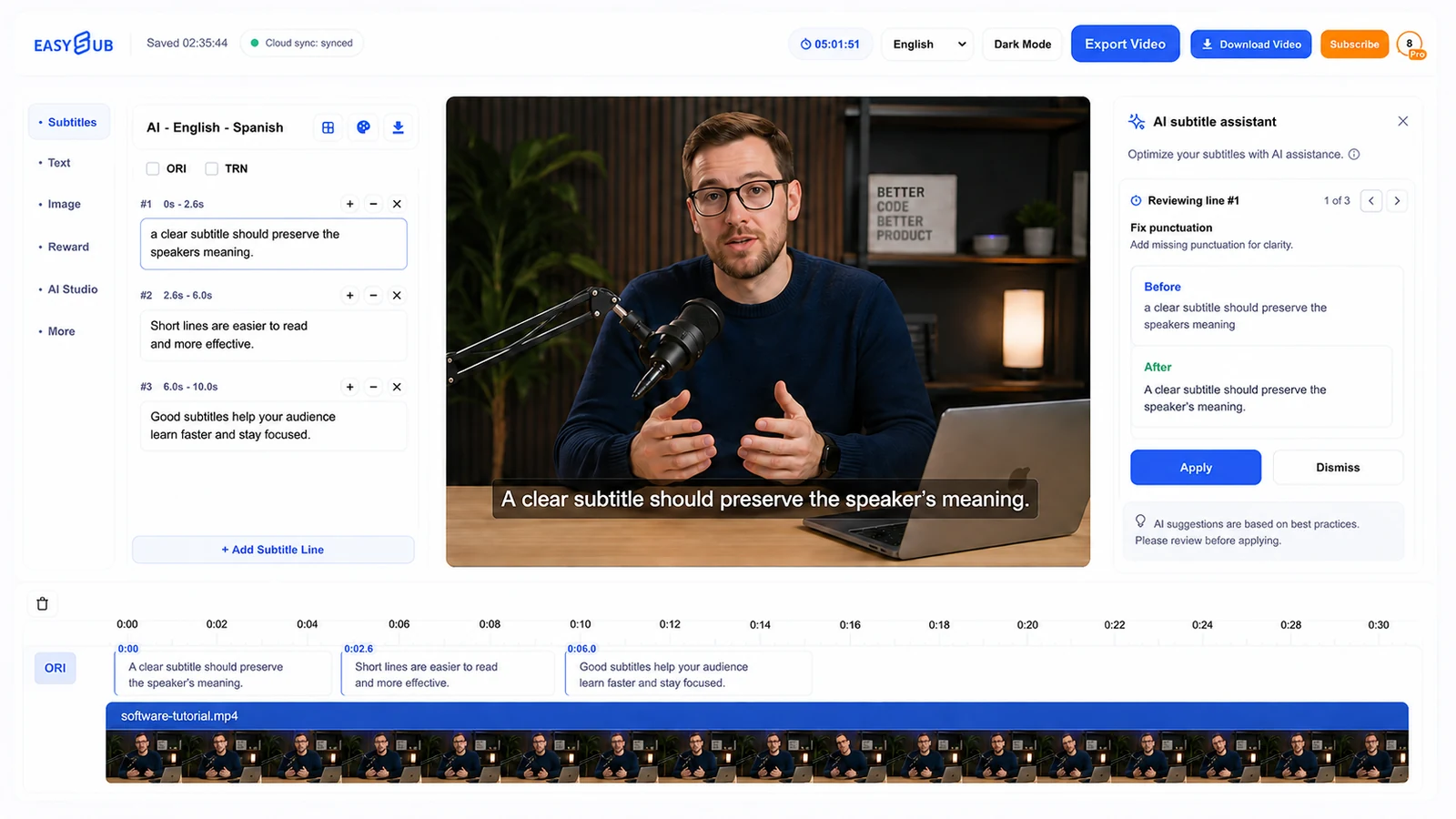 EasySub, assistant de sous-titrage par IA, compare la ponctuation originale et corrigée d'une légende de tutoriel.