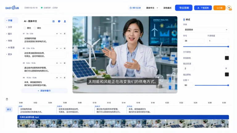EasySub Chinese Subtitles Online workspace with a renewable-energy presenter, editable Simplified Chinese captions and synchronized timeline