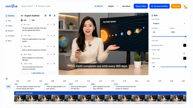 EasySub English Subtitles workspace with a science presenter, solar-system lesson and synchronized English captions