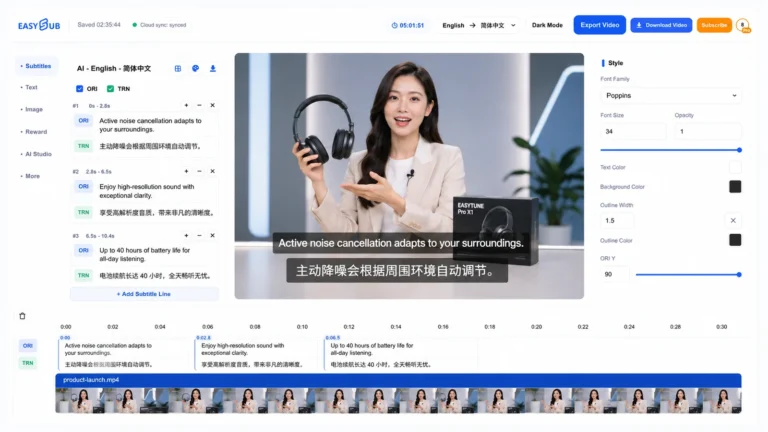 EasySub English to Chinese translator with a smart-headphone product launch and synchronized English and Simplified Chinese subtitle tracks