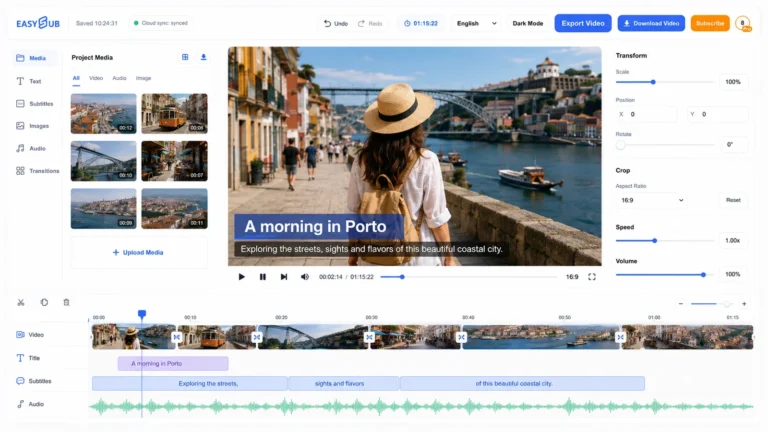 EasySub online video editor with a Porto travel vlog, media library, cut clips, title, subtitles and audio waveform