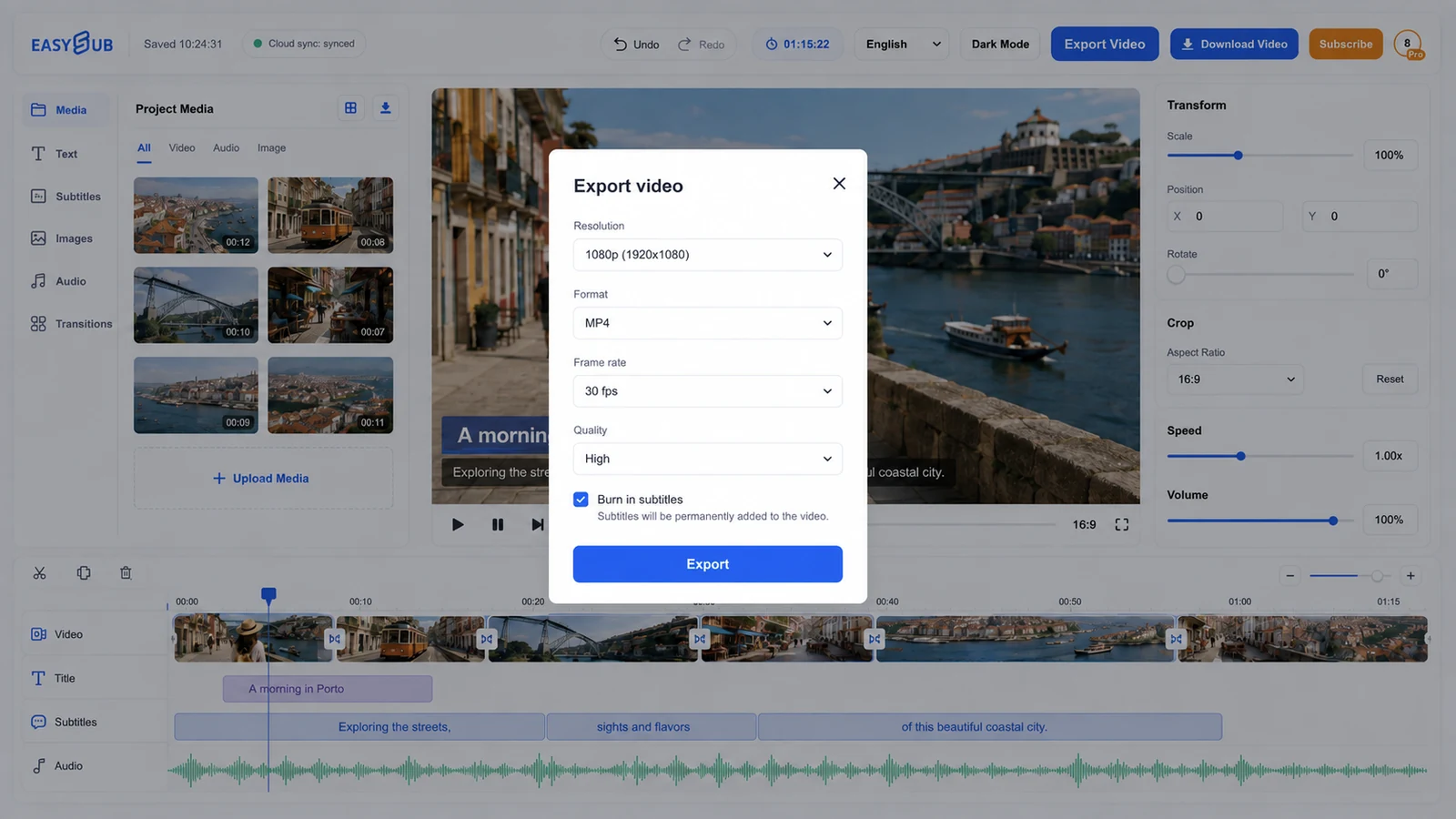 EasySub Export video dialog with 1080p MP4, 30 fps, high quality and burned-in subtitles selected