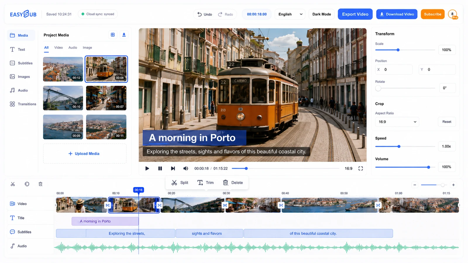 EasySub video timeline with a Porto tram clip selected at the playhead and split, trim and delete controls