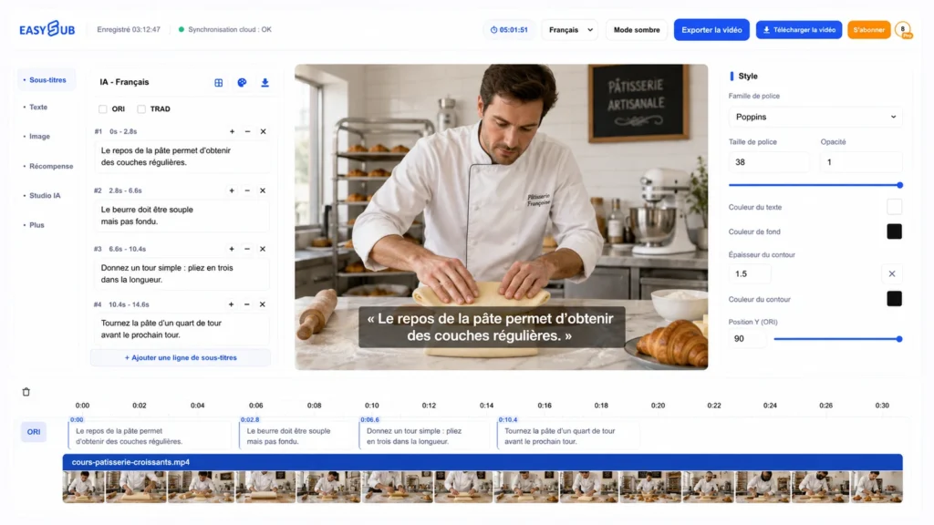 EasySub French Subtitles workspace with a pastry chef, correctly accented French captions and synchronized croissant lesson timeline