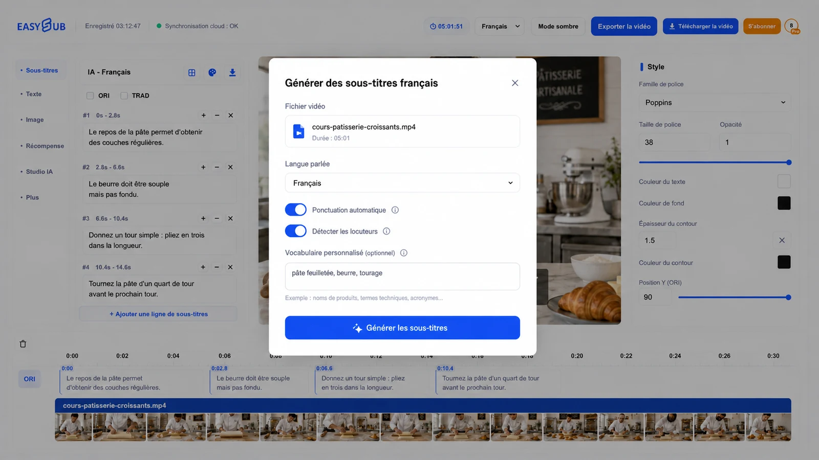 EasySub French subtitle generation dialog with punctuation, speaker detection and laminated-pastry vocabulary