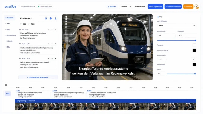 EasySub German Subtitles workspace with a rail engineer, readable German technical captions and synchronized electric-train timeline