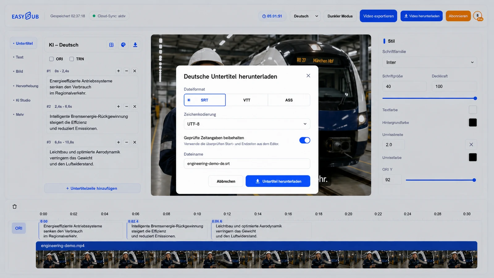 EasySub German subtitle download dialog exporting an electric-train explainer as reviewed UTF-8 SRT, VTT or ASS
