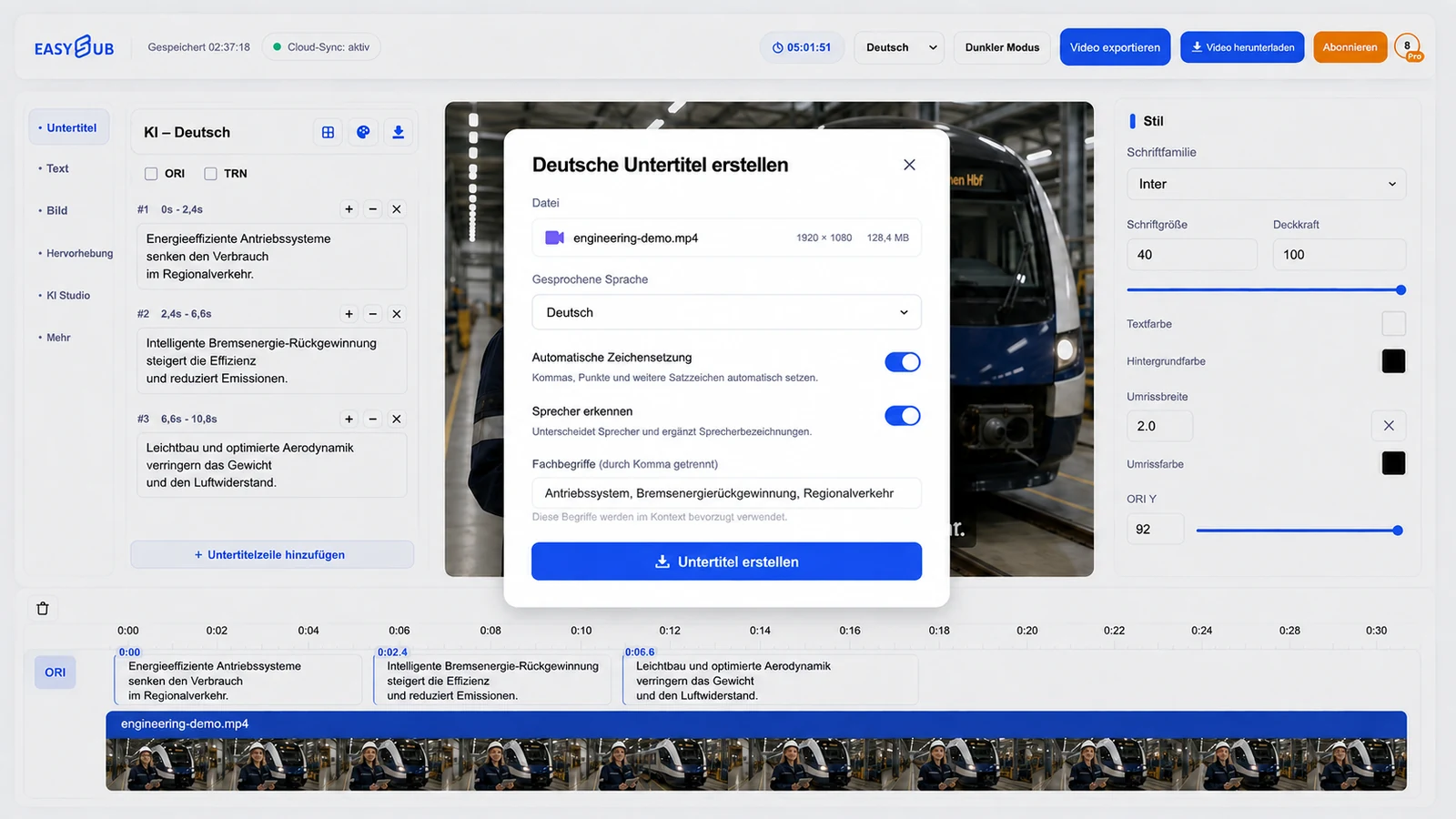 EasySub German subtitle generation dialog with punctuation, speaker detection and rail engineering terminology