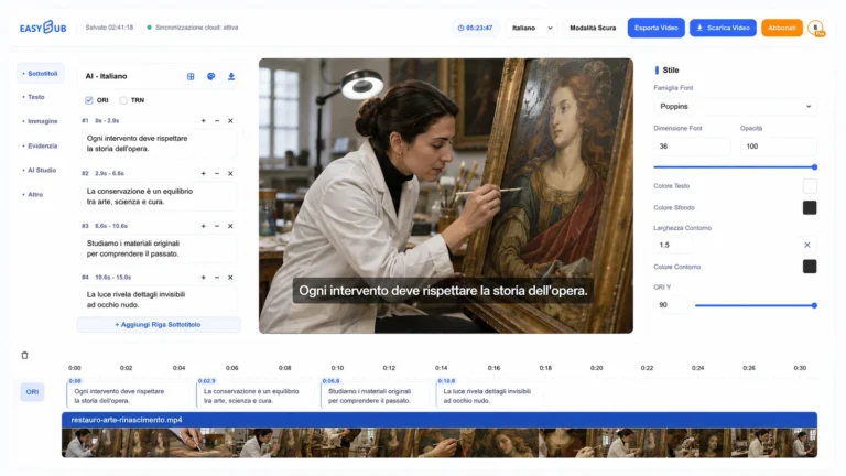 EasySub Italian Subtitles workspace with an art conservator, natural Italian captions and synchronized restoration documentary timeline