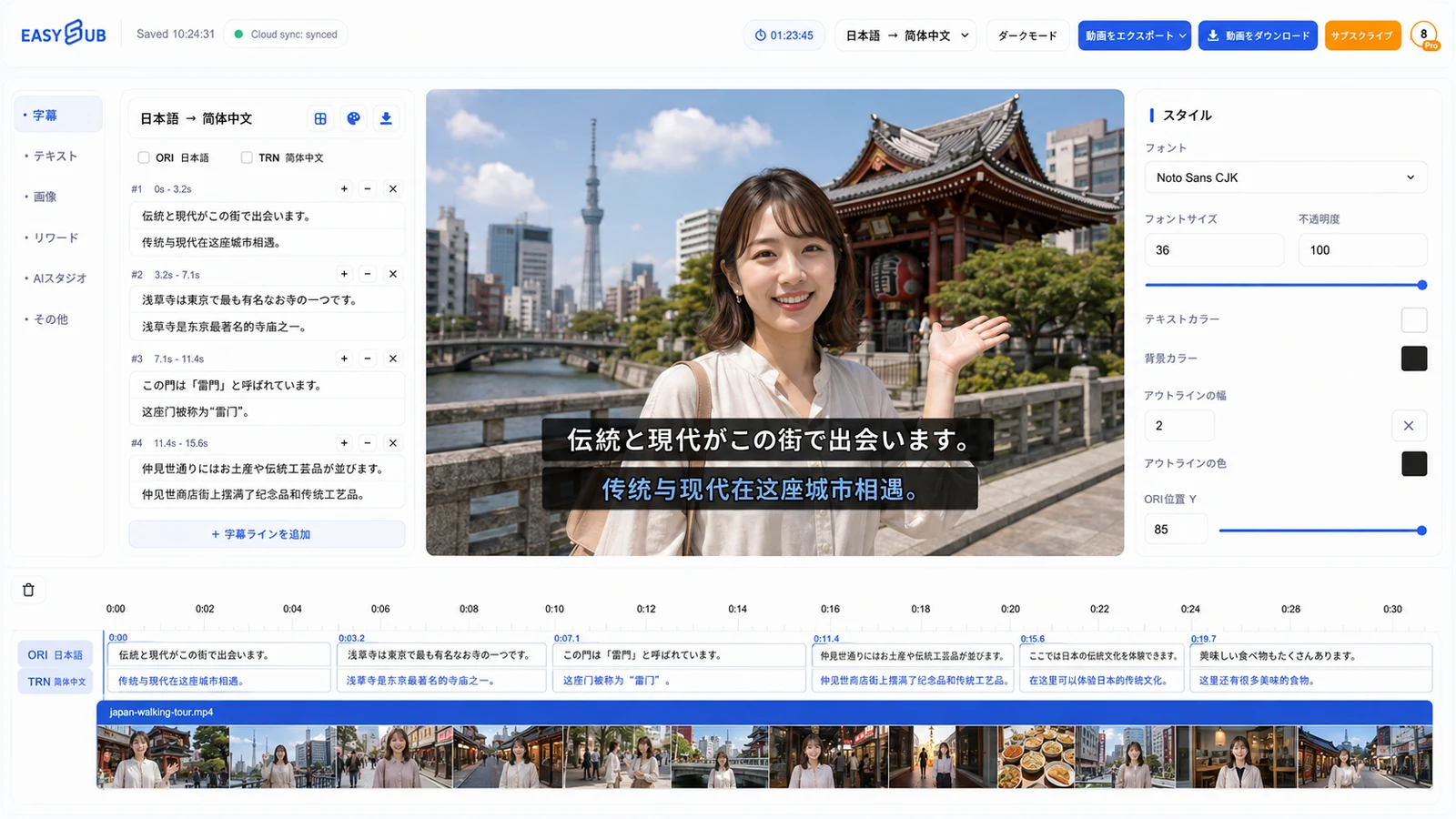 EasySub Japanese to Chinese translator with a Tokyo walking tour and synchronized Japanese and Simplified Chinese captions