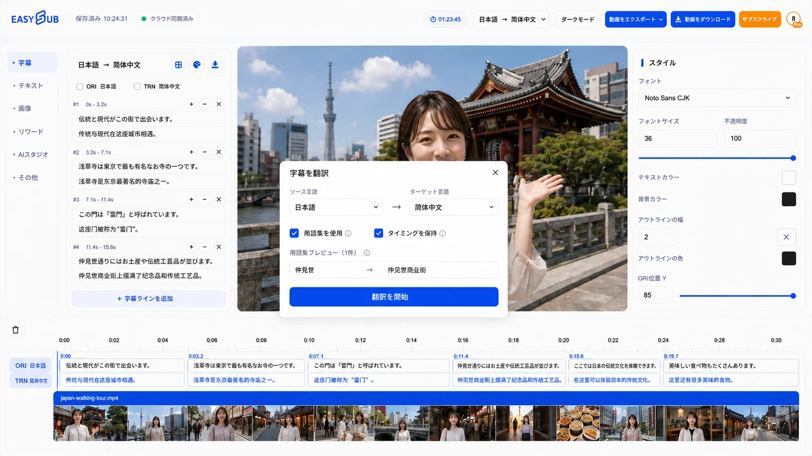 EasySub translation dialog converting Japanese city-tour subtitles to Simplified Chinese with timing preservation and a terminology glossary