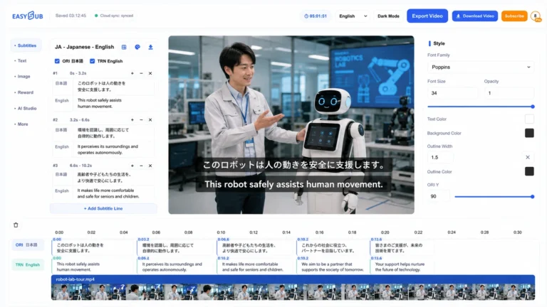 EasySub Japanese to English translator with a robotics lab tour and synchronized Japanese and English subtitles
