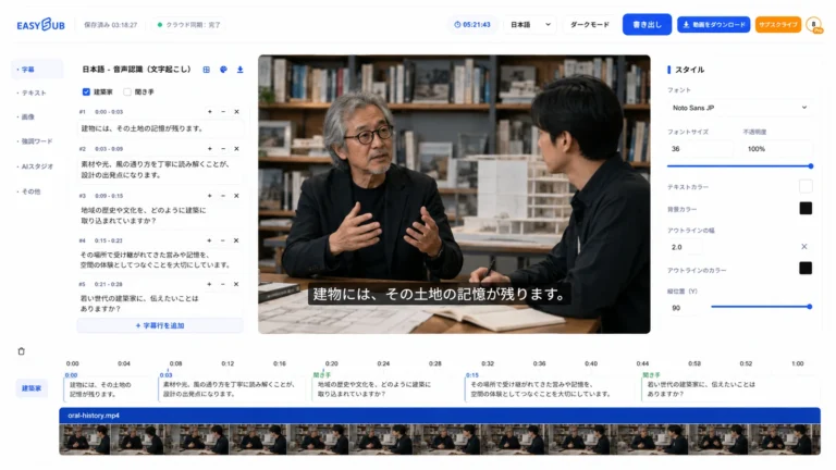 EasySub Japanese Transcription workspace with an architect interview, speaker labels, editable Japanese text and synchronized timeline