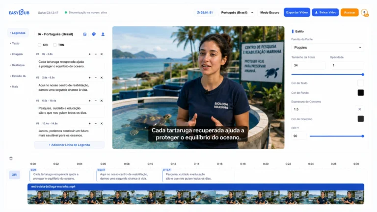 EasySub Portuguese Subtitles workspace with a Brazilian marine biologist, accented captions and synchronized sea-turtle interview timeline