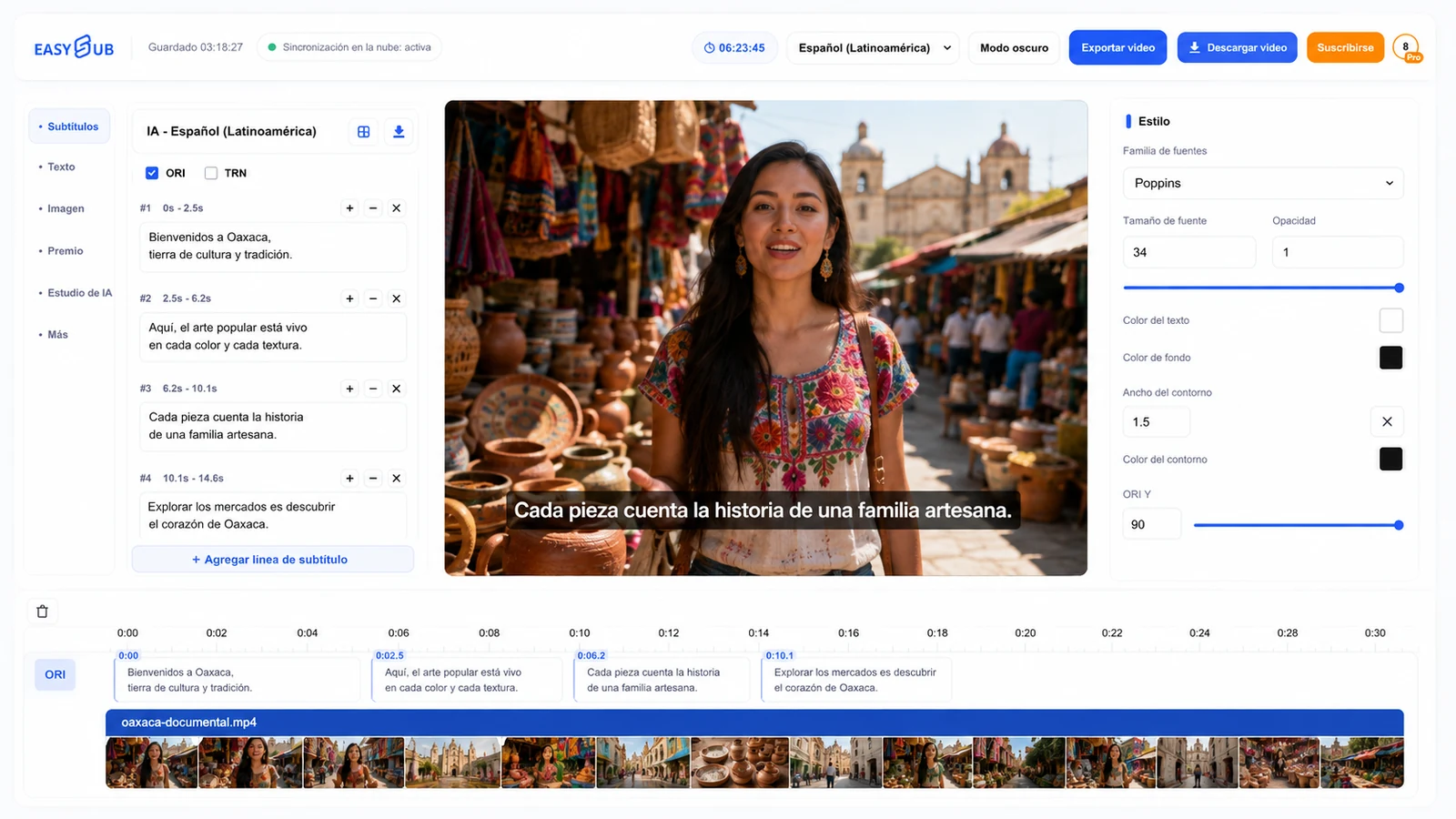 Không gian làm việc phụ đề tiếng Tây Ban Nha EasySub với người thuyết trình tại chợ Oaxaca, phụ đề tiếng Tây Ban Nha khu vực Mỹ Latinh và dòng thời gian được đồng bộ hóa.