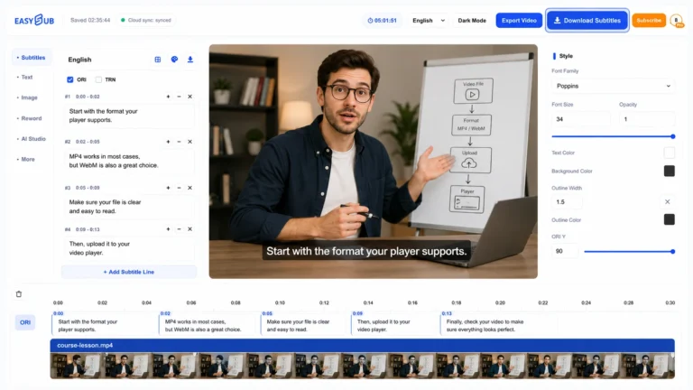 EasySub Subtitle Downloader workspace with a course instructor, reviewed English captions and synchronized video timeline