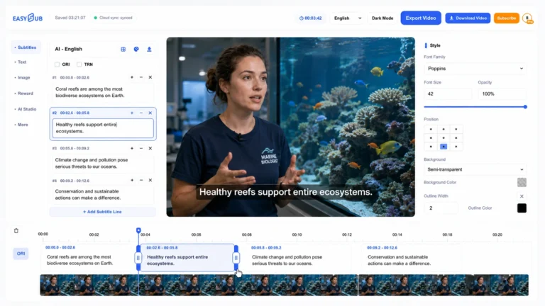 EasySub Subtitle Editor with a marine biologist, editable English caption, styling controls and draggable timeline boundaries