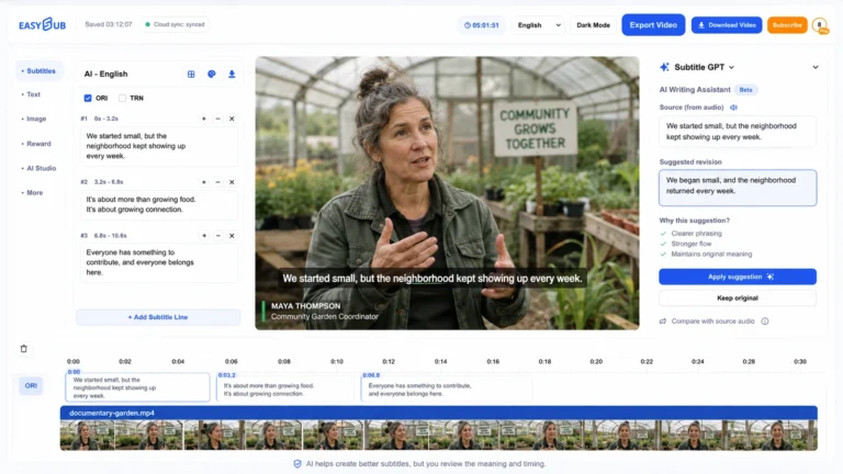 EasySub Subtitle GPT workspace with a community garden interview, original subtitle, AI revision suggestion and source-audio review controls