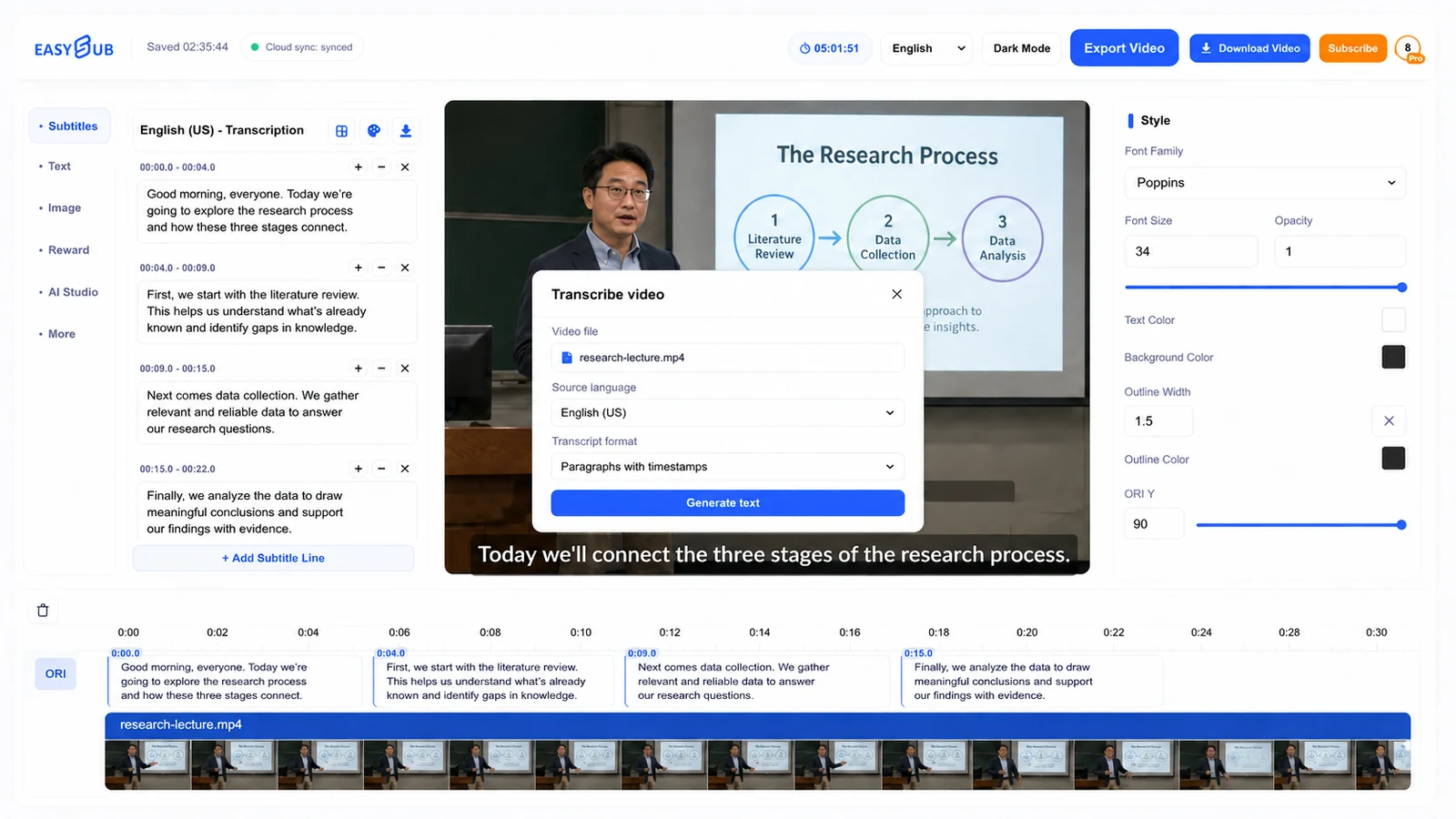 EasySub Transcribe video dialog for a research lecture with paragraph timestamps selected