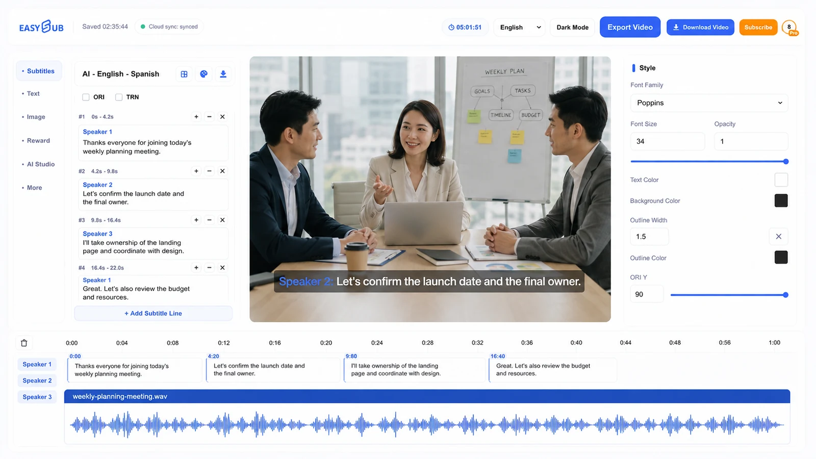 EasySub transcription workspace with three meeting speakers, timestamped text and an audio waveform