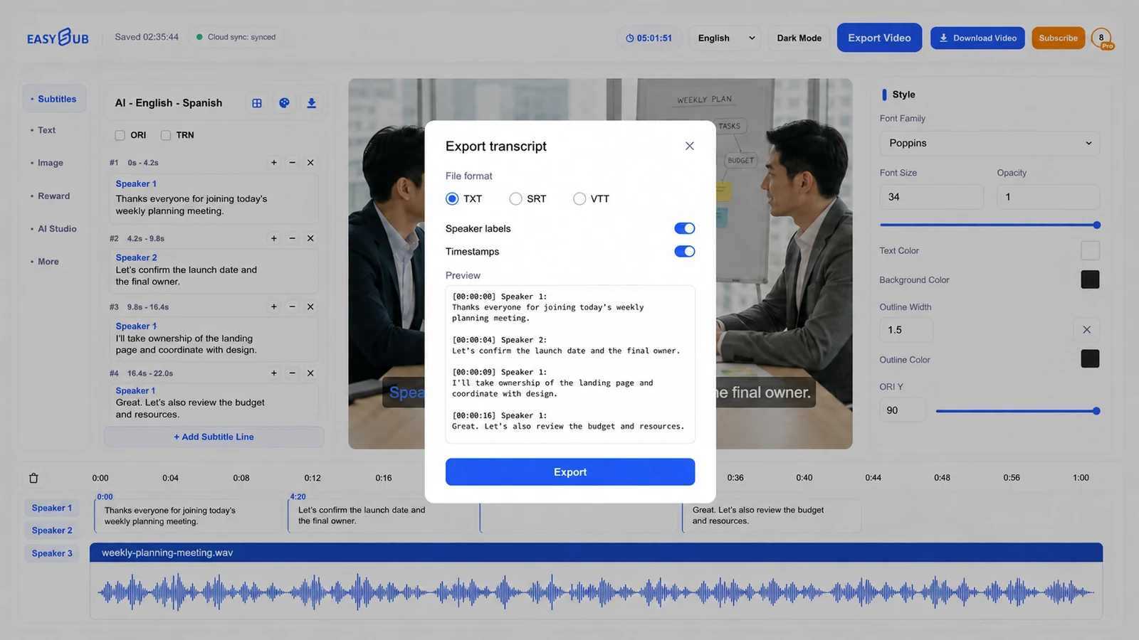 EasySub Export transcript dialog with TXT, speaker labels and timestamps enabled
