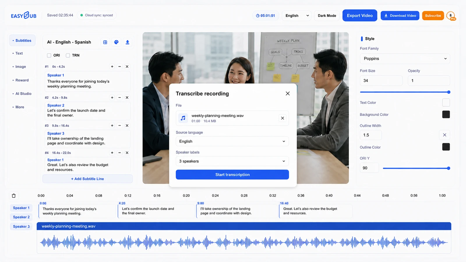 EasySub Transcribe recording dialog for a meeting WAV file with three speaker labels
