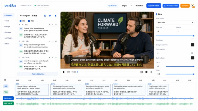 EasySub audio translation workspace with a climate podcast, English source transcript, Japanese translation and aligned waveforms