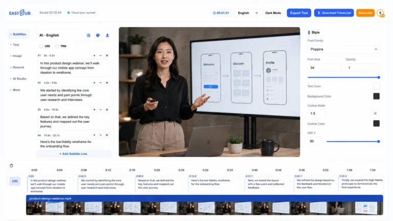 EasySub Video to Text workspace with a product design webinar, timestamped transcript and synchronized video timeline