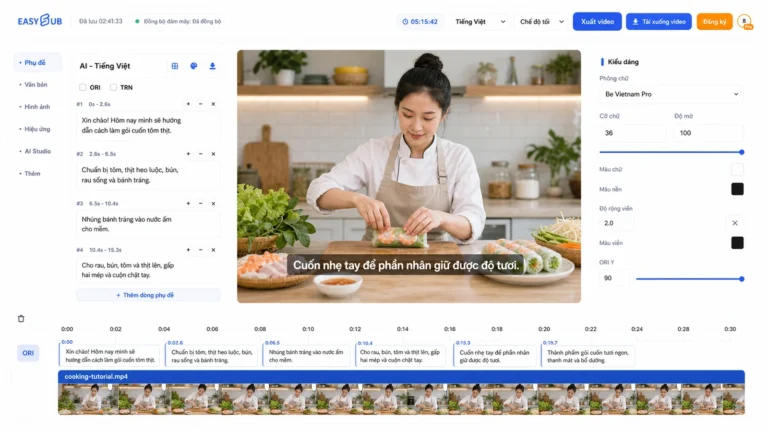 EasySub Vietnamese Subtitles workspace with a cooking presenter, correctly accented Vietnamese captions and synchronized timeline