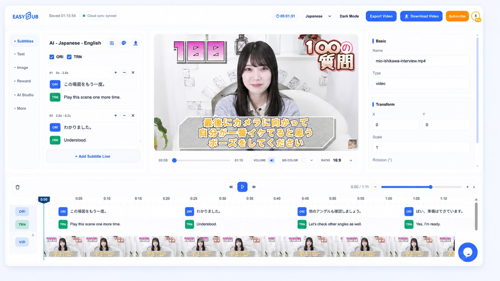 Editor de EasySub añadiendo subtítulos en japonés e inglés a una entrevista de 100 preguntas a Mio Ishikawa.