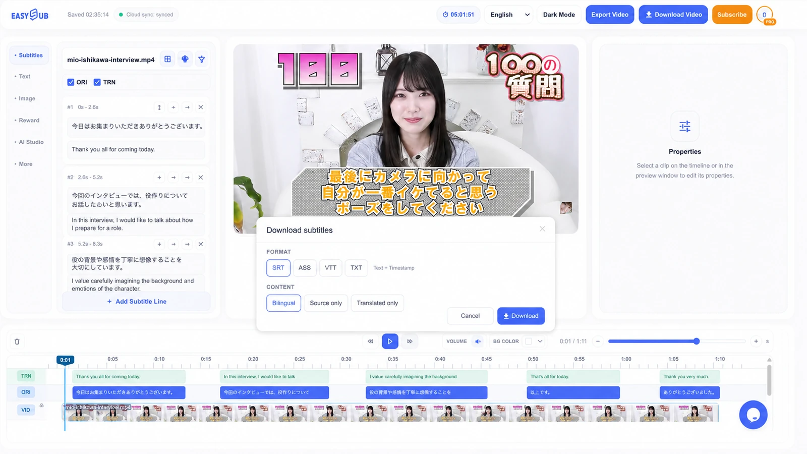 EasySub Descarga subtítulos diálogo exportando subtítulos bilingües en japonés e inglés para una entrevista de 100 preguntas a Mio Ishikawa
